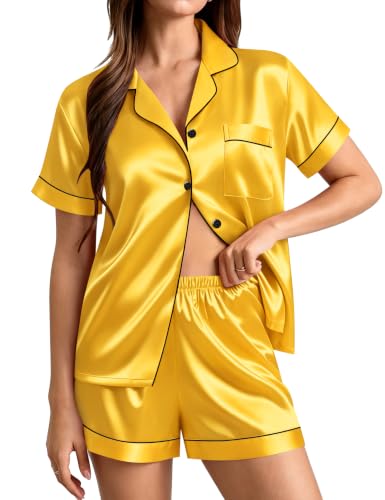 Image of SWOMOG Womens Silk Satin Pajamas Set Short Sleeve Sleepwear Button Down Top and Shorts Loungewear 2 Piece Pjs Set XS-3XL