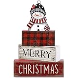 Lineshading 4 Pcs Christmas Table Decoration Wooden Snowman Christmas Tiered Tray Decor Red Buffalo Plaid Block Signs Snowman Table Centerpiece Farmhouse Winter Decoration for Home Kitchen Shelf