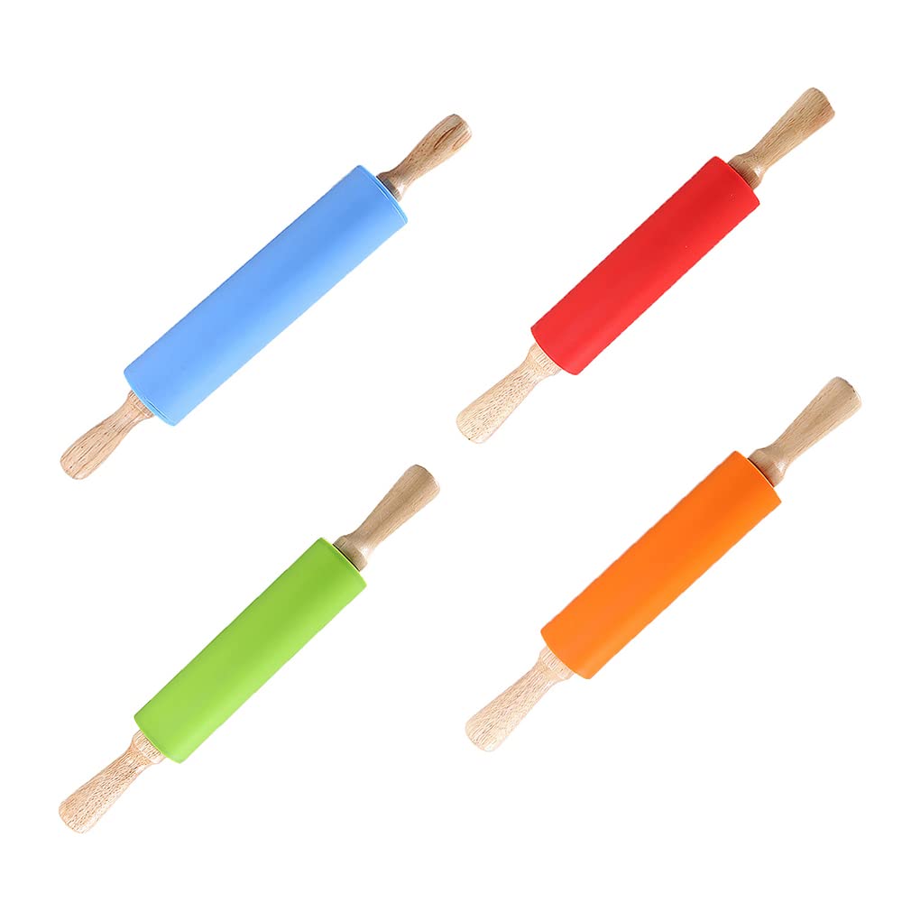 Kitchen Silicone Rolling Pin, Rotating Embossed Biscuit Wooden Large Non Stick Smooth Dough Roller for Kitchen Use, Baking, Children (4Colors)