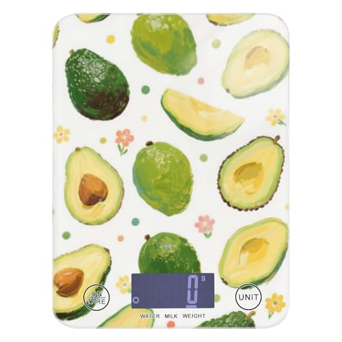 Cute and Cartoonish - Báscula de alimentos de aguacate verde para viajes, 11 libras/1 onzas, mini báscula de cocina impermeable de 5 kg/5 g con 4 unidades para especias dieta cetogénica para cocina