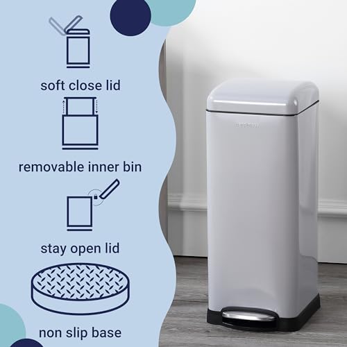 Image of happimess Betty 8 Gal Step Trash Can Soft-Close Lid, Gloss Gray | Fingerprint Resistant, Removable Liner, Semi-Rectangular, Steel Pedal, Iron Powder Coated, 27 inch Height, Non-Skid Base