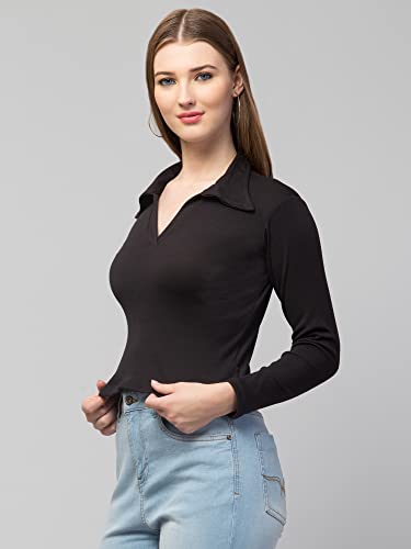 Image of Ribbed Polo Collar Full Sleeves Tops for Women