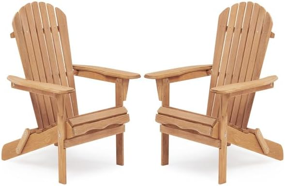 Set of 2 Folding Wooden Adirondack Chairs  Solid Cedar Wood Outdoor Lounge Chairs with Embossed Grain, Foldable Garden Patio Seating with Wide