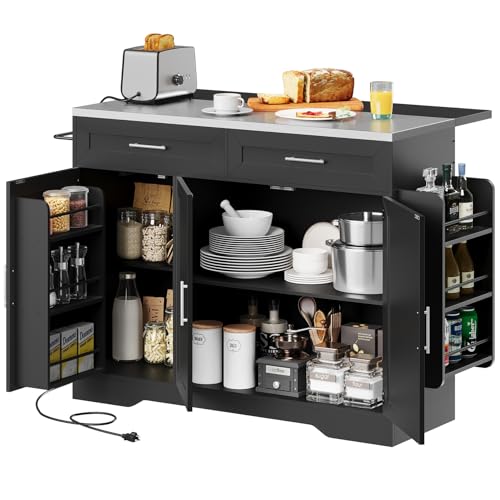 Concho 56'' Kitchen Island with Seating and Stainless Steel Countertop, Rolling Kitchen Island on Wheels with Folding Drop Leaf, Power Outlet, Spice/Towel Rack, Island Table Cart for Kitchen, Black