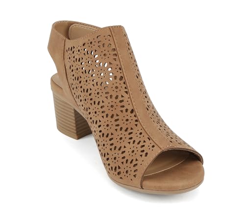 Image of CITYCLASSIFIED inchElect inch ~ Women's Peep Toe Laser Cut Geometric Caged Slingback Ankle Strap Low Stacked Heel Ankle Bootie