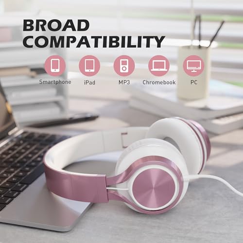 Image of AILIHEN C8 Wired Headphones with Mic & Volume Control - Noise Isolating On-Ear Headphones for Girls School, Plug in Corded 3.5mm Headsets for Chromebook Laptop Computer PC Tablets Travel (Rose Gold)