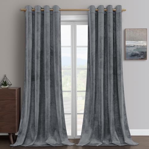 HOMEIDEAS Grey Velvet Blackout Curtains, 52 x 96 Inches Long Heavy Duty Gray Thermal Insulated Grommet Window Drapes for Living Room, Bedroom, 2 Panels