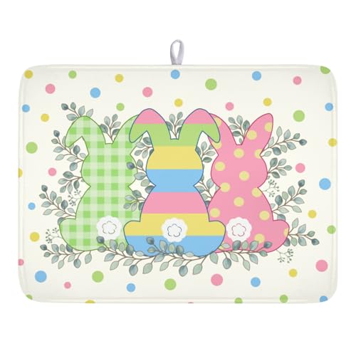 Easter Bunny Dish Drying Mat for Kitchen Counter Cute Rabbit Colorful Polka Dots Pattern Drying Mat 18x24 Inch Spring Holiday Absorbent Dish Drainer Mat Kitchen Accessories