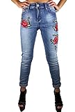  Worldclassca DAMENJEANS RÖHREN Jeans Hose Stretch Skinny Blumen Strass Rose Rosen Stickerei Patches BLAU Denim 36-42 (L (40), Blau)