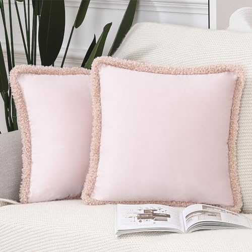 Madizz Set of 2 Velvet Curly Fringed Throw Pillow Covers with Tassels 20x20 Inch Pink Soft Decorative Cushion Cover for Sofa Bedroom Pillow Shell