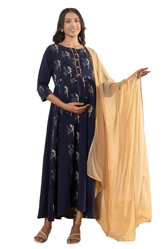 Image of Janasya Women's Crepe Floral Printed Maternity Kurta and Dupatta Set