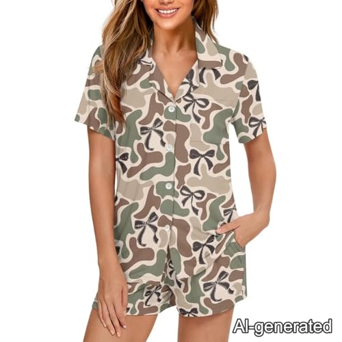 Image of Renewold Women's Short Sleeve Pajama Set Button Down Sleepwear with Notch Collar Soft Lounge Top and Shorts with Pockets