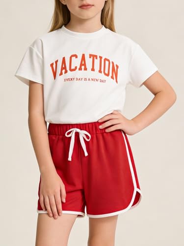 Image of Girls 6 Piece Outfits Letter Print Vacation Tee Top and Dolphin Shorts Tracksuit Sets for Kids Sports, Casual, Dance