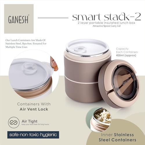 Ganesh Smart Stack 2 Layer Protable Lunch Box Stainless Steel Airtight Leak-Proof Lunch Box for Office, School, Picnic - Brown - 800ml (Image - 6)