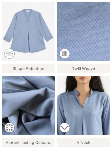 Image of SAADAA Top for Women, Viscose Pleated Tops, V-Neck with a Collar, 3 /4 Sleeve Length, Office & Casual Wear