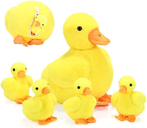 Zomiboo Duck Stuffed Animals with 4 Little Baby Duck Plush Toys 5 Pieces Soft Duck Playset Plushies with Zipper Pouch for Toddlers Kids Boys Girls