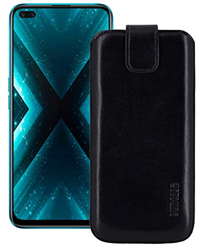 Suncase ECHT Ledertasche Leder Etui *Slim-Edition* kompatibel mit Realme X3 SuperZoom Hülle (mit Rückzugsfunktion & Magnetverschluss) in schwarz