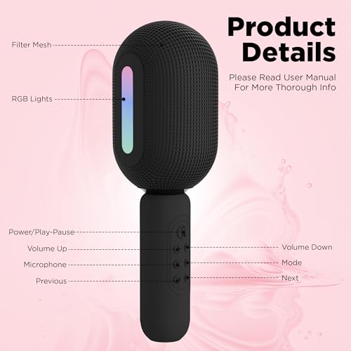 Image of Wireless Bluetooth Karaoke Mic with 5W Speaker,Upto 3-Hour Playtime, Dynamic RGB Lights, Music Recording, Duet Singing, Mini Karaoke Machine for Car Travel, Fast Charging (Black)