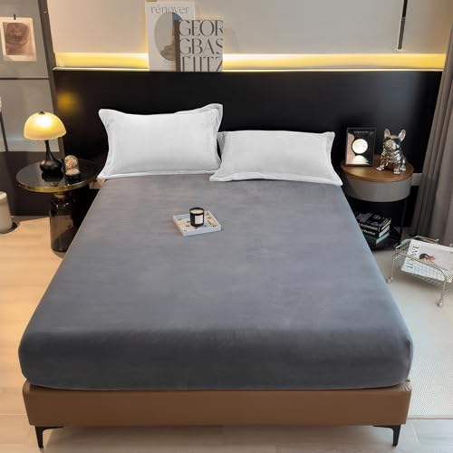 BESCH Sábanas Bajeras Térmica de Coralina Ajustable de 135x200+30cm - Bajera Pólar Felpa, Súper Suave y Acogedora (Gris Oscuro, Cama Matrimonio de 135)