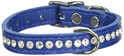 Image of Signature Leather Crystal Dog Collar, Blue Solid Grain Leather, Fits 7.5 inch-9.5 inch Neck Size, 12 inch Overall Length