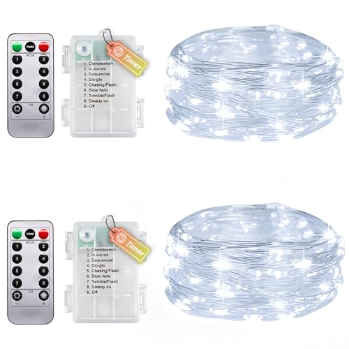 Pack de 2 luces de cadena de alambre con temporizador y mando a distancia, pequeñas luces de cadena para interiores con batería, 5 m, 50 ledes, IP65, resistente al agua, sin pilas, para dormitorio