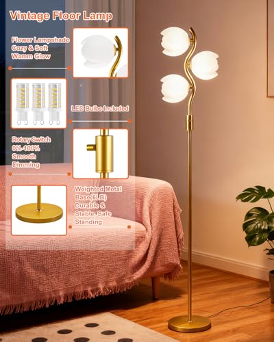 Image of Lightdot 62IN Gold Floor Lamp Stepless Dimmable Bud-Shaped Floor Lamps with 3Pcs 3000K G9 Bulbs Included Eye-Friendly Mid Century Standing Lamps for Living Room /Bedroom /Sofa Beside /Corner Decor