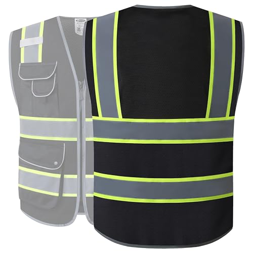 JKSafety 9 Pockets Hi-Vis Black Safety Vest for Men Women High Visibility Reflective Construction Mesh Fabric Cushioned Collar Work Utility PPE Work Gear ANSI/ISEA compliant (100-Black, 3XL) - Thumbnail 5