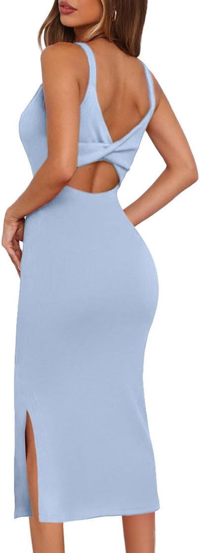 oten Women's 2026 Sexy Sleeveless Twist Backless Knitted Ribbed Side Split Bodycon Party Midi Length Dress
