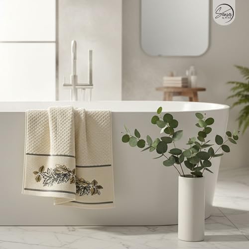 Image of SENSES By Riba Cotton Embroidered Towel Set, 550 GSM Soft & Absorbent, Antimicrobial, Oeko-Tex Certified | Ideal for Home & Gifting, Pack of 4 (2 Bath 27 inchX50 inch + 2 Hand Towels 16 inchX26 inch) - Style 8