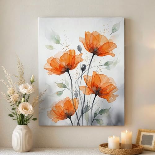 Lienzo floral naranja de 16x20" para decorar con calidez tu salón o dormitorio moderno