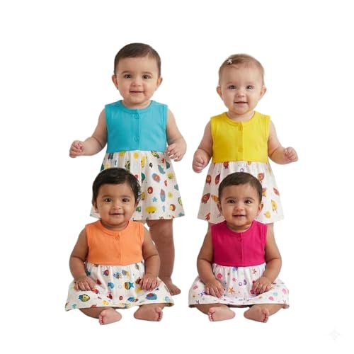 Image of VParents Knee-Length Sleeveless Cotton Frocks for Baby Girls, Round Neck A Line Mini Short Dress for Kids