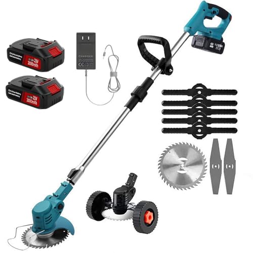 Recortadora de Césped Eléctrica Sin Cable 21V - Desbrozadora Telescópica & Cortadora de Maleza con 3 Tipos de Cuchillas, 2 x 2000mAh Baterías, Cortabordes para Cuidado del Jardín y Poda de Maleza