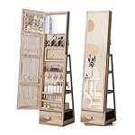 Nicetree 360° Swivel Jewelry Cabinet with Lights, Touch Screen Vanity Mirror, Rotatable Full Length Mirror with Jewelry Storage, Standing Jewelry Armoire Organizer, Foldable Makeup Shelf, Toasted Oak
