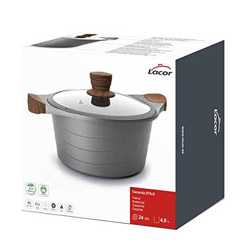 Miniatura 6 de Lacor 27324 Cacerola Alta, Cacerola De Cocina Con Tapa Cristal Stilo, Compatibilidad: Todo Tipo De Cocinas, Incluida La Inducción, Fabricada En Aluminio Fundido, Gris, 24 Cm