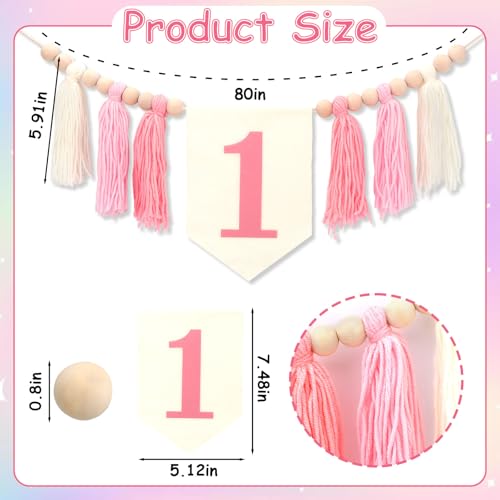 Image of One High Chair Banner for 1st Birthday Decoration Girls, Pink Tassel Banner for 1st Birthday Photo Backdrop Decor