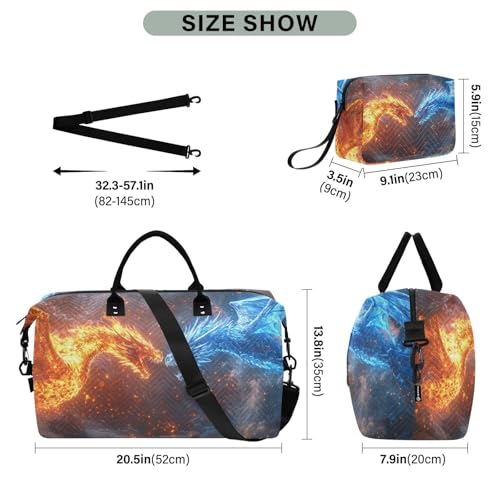 Travel Duffel Bag Abstruct Dragon Fire Blue Gym Bag Sports Tote Bag with Multiple Interior Pockets Shoulder Weekender Bag for Women Men with Toiletry Bag 20.5”x 7.9”x 13.83