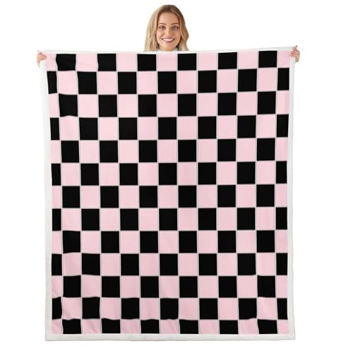 Image of Erosebridal Plaid Fleece Blanket 40 inchx50 inch Pink Black Checkerboard Sherpa Blanket Geometric Checkered Fuzzy Plush Throw for Kids Boys Girls,Aesthetic Grids Decor for Bed Couch