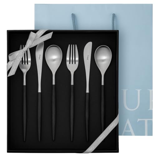 正規品 クチポール(Cutipol) MIO ミオ ブラック/マットシルバー ディナー 6点 ギフトセット 化粧箱入り 純正リボン掛け 手提げ(紙袋)つき (ナイフ/フォーク/スプーン 各2本)