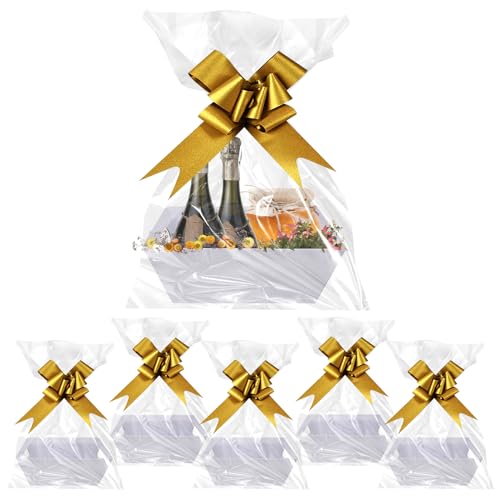 Set di 6 cestini regalo vuoti per regali, cestino regalo in cartone con manici, nodo ad arco e sacchetti regalo trasparenti, per feste di Natale (bianco)