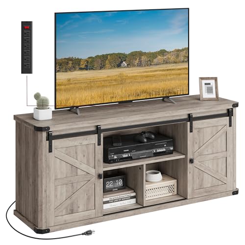 VASAGLE TV Stand for TVs up to 65 Inches, Farmhouse Entertainment Center with Sliding Barn Doors, TV Console Table for Living Room, Misty Gray ULTV324G68