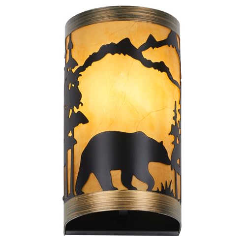Image of Rustic Wall Sconces Bear Metal Lamp, Industrial Farmhouse Wall Light with Shade, E26 Socket, Black with Gold Trim, Perfect for Bedroom, Living Room, or Rustic Cabin Lighting (Bulb not Included)