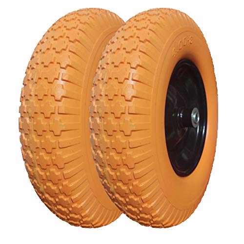 4.00-8 Flat Free Wheelbarrow Tire, Flat-Free Tire 16 with 5/8” Bearing Wheel, Foamed Polyurethane Tire for Garden Outdoor Cart Wagon, 3.5” Hub, Orange(Set of 2)