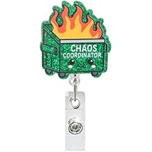 Chaos Coordinator Badge Reel, Funny Dumpster Fire Retractable ID Badge Holder with Alligator Clip, Humor Name Tag Clip for Nurse, Teacher, Office Worker, Medical Assistant, Student ID Accessories Gift