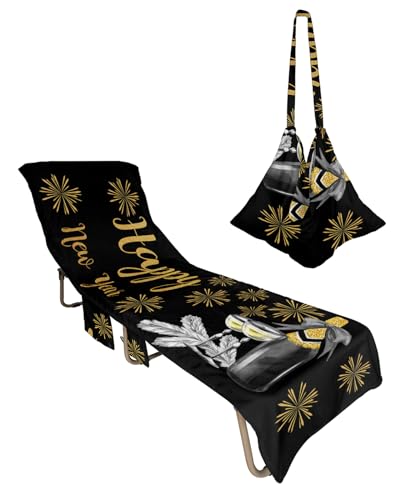 Hapyy New Year Beach Lounge Chair Towel Cover, Soft Chaise Lounge Towel with Side Pockets Patio Pool Chairs Cover for Beach/Pool Sunbathing 29x85 Yellow Firework Champagne Classic Black