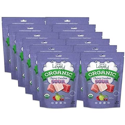 Lovely Candy Co. Organic Sour Chewy Candies 5oz Bag (12-pack) | Natural Raspberry, Apple & Cherry Flavors | Vegan, Gluten Free, Non-GMO, No Artificial Ingredients, Individually Wrapped Cover