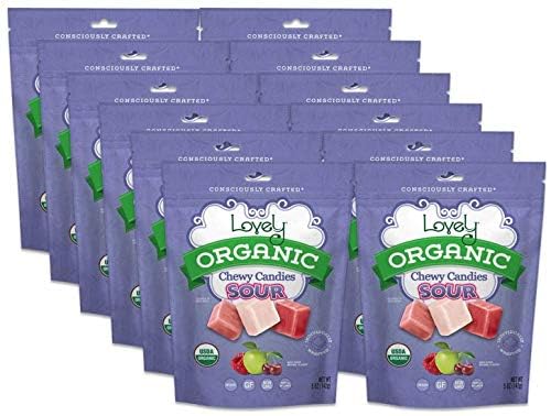 Lovely Candy Co. Organic Sour Chewy Candies 5oz Bag (12-pack) | Natural Raspberry, Apple & Cherry Flavors | Vegan, Gluten Free, Non-GMO, No Artificial Ingredients, Individually Wrapped