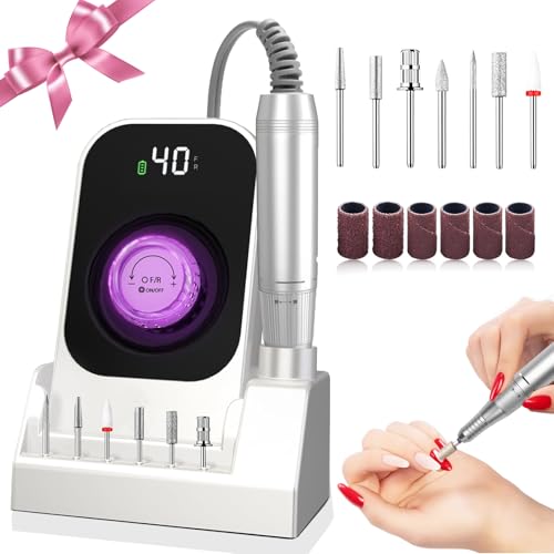 Torno Para uñas Profesiona 40000 RPM, Drill Para uñas Profesional 40 velocidades Torno uñas Profesional Con 7 cabezales de molienda, torno de uñas profesional en casa y salón torno manicura (Perla)
