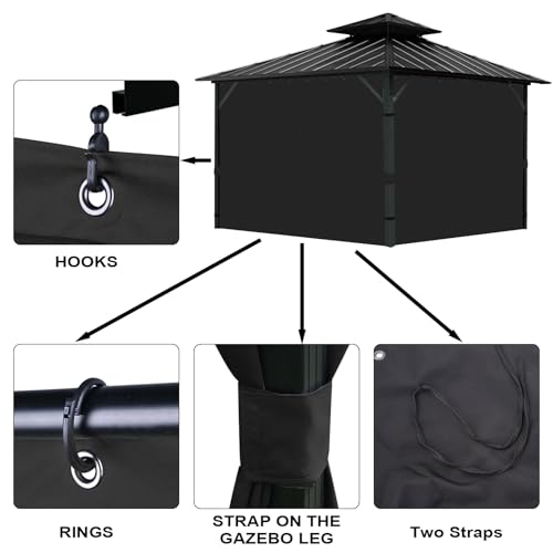 Tngan Gazebo Universal Replacement Privacy Curtain, 10'X12' Gazebo Curtains Outdoor Waterproof, 4-Panels Sidewall with Zipper for Patio, Garden and Backyard (Only Curtains, 10'X12', Black) - Image 4