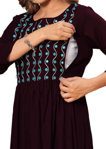 Image of Lyssa Women's Solid Rayon Embroidery Maternity with Concealed Feeding Zip | Nursing Kurta for Mothers
