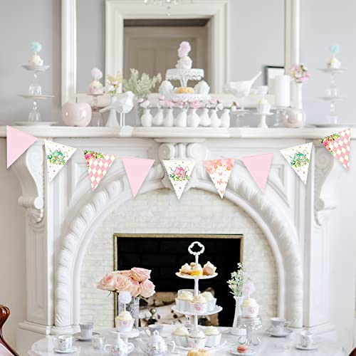 Image of Spring Tea Party Decorations Pink and Gold Floral Flower Butterfly Teapot Teacup Plaid Paper Triangle Flag Pennant Banner Bunting for Spring Birthday Wedding Bridal Baby Shower Engagement Tea Party